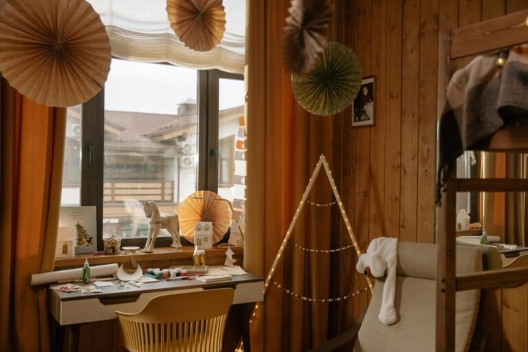 Warm wooden room interior featuring creative decor elements and natural light.
