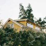 A picturesque yellow house surrounded by lush green trees, ideal for country living.